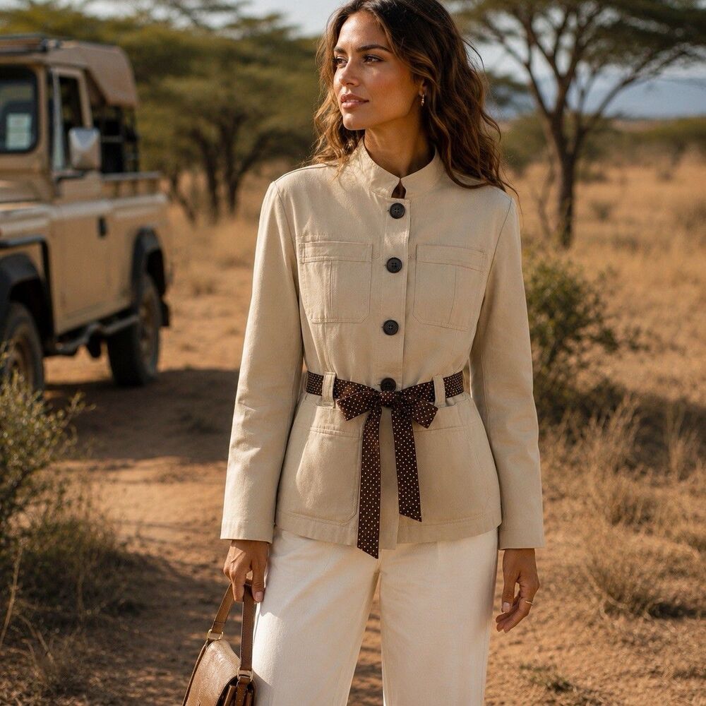 NIPON BOUTIQUE Beige Safari Blazer Jacket Double Front Pockets  Sz 6